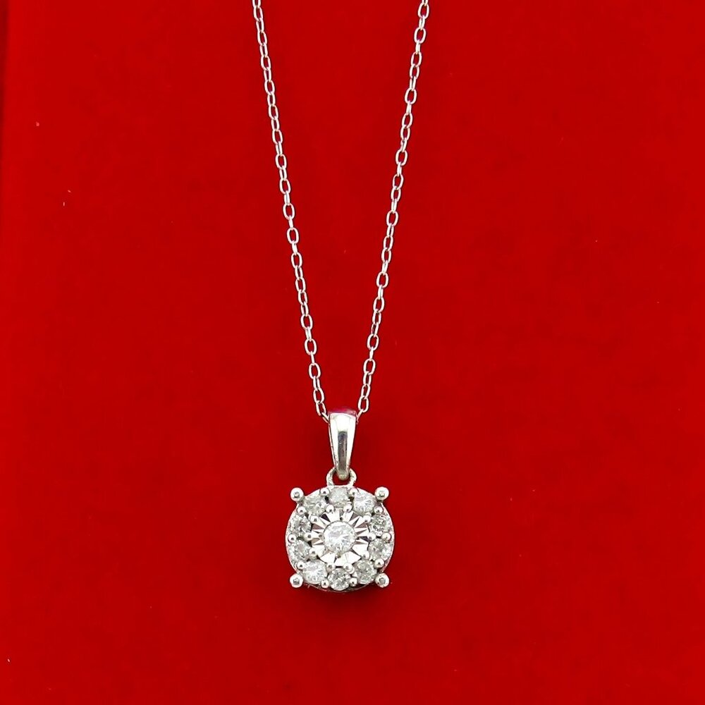 Diamond Halo Cluster Pendant Necklace Silver Genuine Natural Real